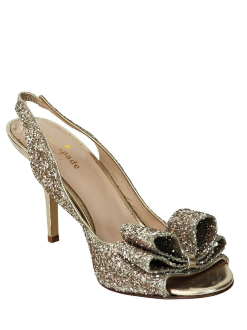 KATE SPADE Charm‎ Gold Glitter Bow Peep Toe Slingback Sandals Wedding Size 6.5